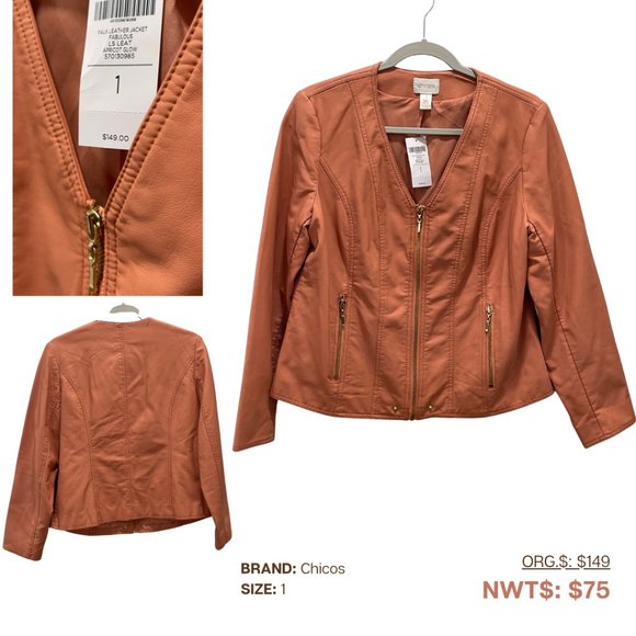 Chicos, Peach Faux Leather Jacket, 1, NWT - Picture 1 of 1